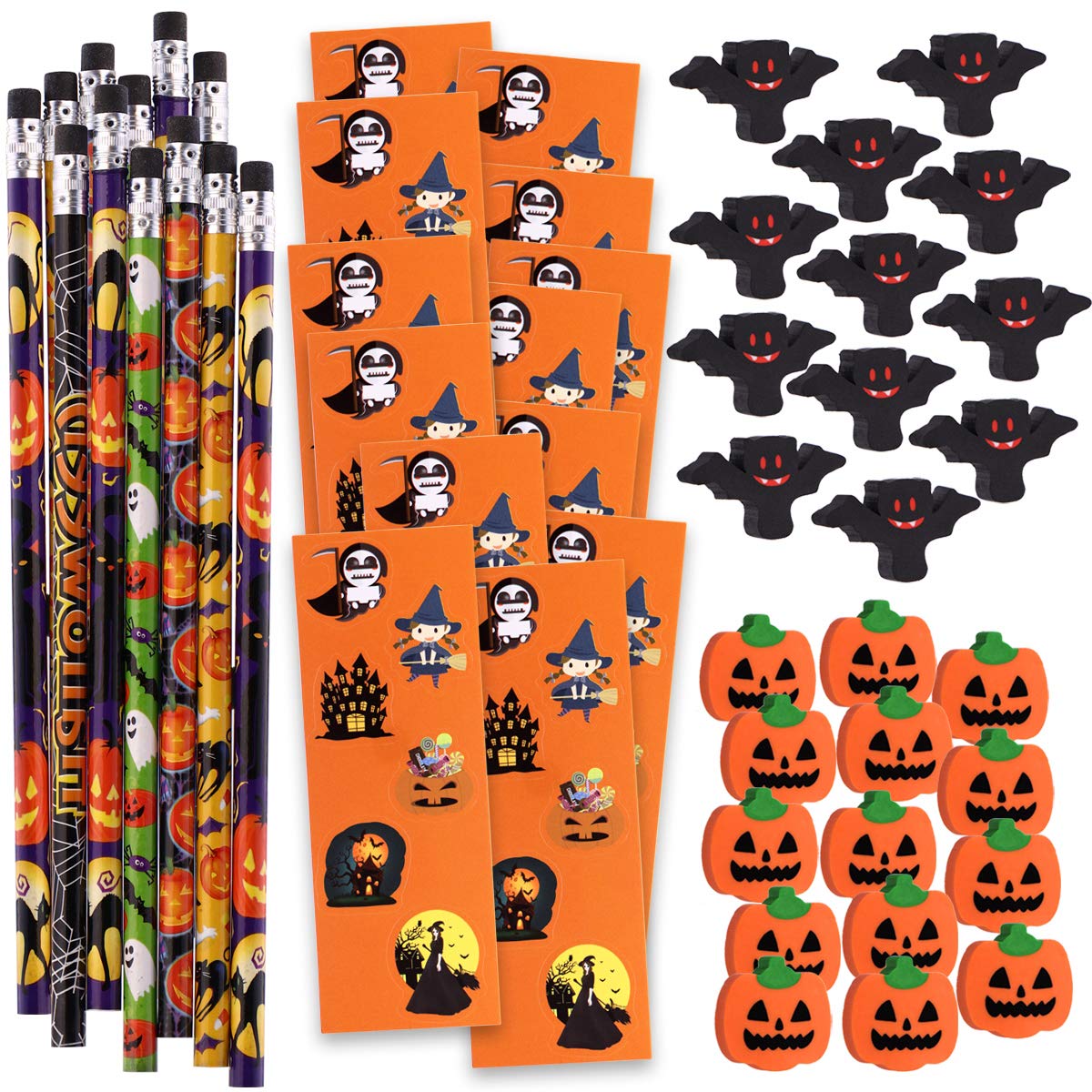 NEWBEA 156 Piece Halloween Party Favors Toys Assortment | 72 Halloween Glitter Tattoos | 48 Halloween Erasers | 12 Halloween Ducks | 12 Halloween Sticker Sheets | 12 Halloween Pencils