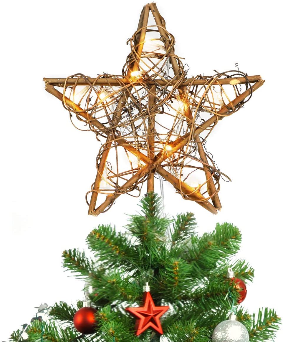 NEWBE 10 LED Lights Christmas Star Tree Topper,Rattan Rustic Christmas Tree Topper for Home Decorations